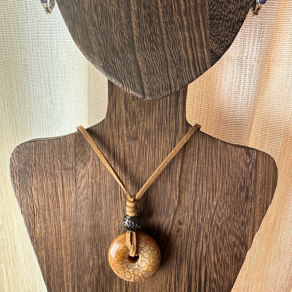 Yellow Golden Coral Fossil Donut Pendant Choker on Brown Faux Suede - Picture 4 of 11